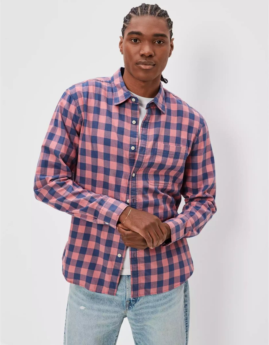 Hauts Flanelle American Eagle AE Super Soft Everyday Plaid Button-Up Shirt Rose Homme | BLC-16279543